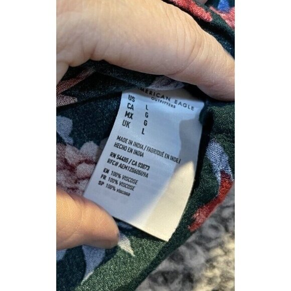 American Eagle Womens Size Large Boho Blue Floral Tie Front Blouse Top Cottage - Picture 7 of 8